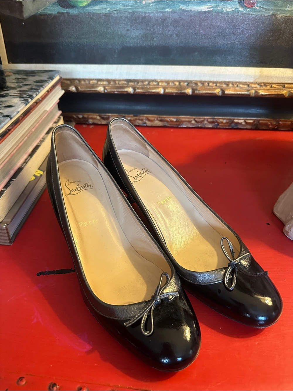 Christian Louboutin Black Patent Leather Ballet Flat Kitten Heel with Bow